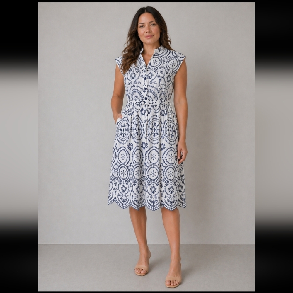 ZARA Contrast Eyelet Embriodery Belted Midi Cotton Blue White Small